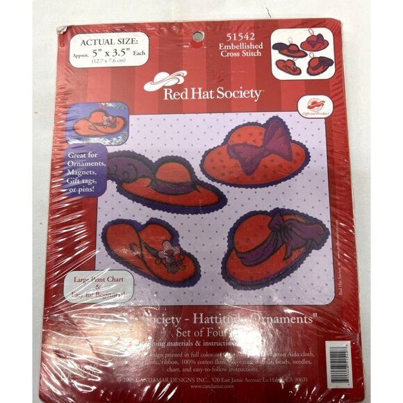 Red Hat Society Hatitude Ornaments Counted Cross Stitch Kit 51542 Set Of 4 - Picture 2 of 5